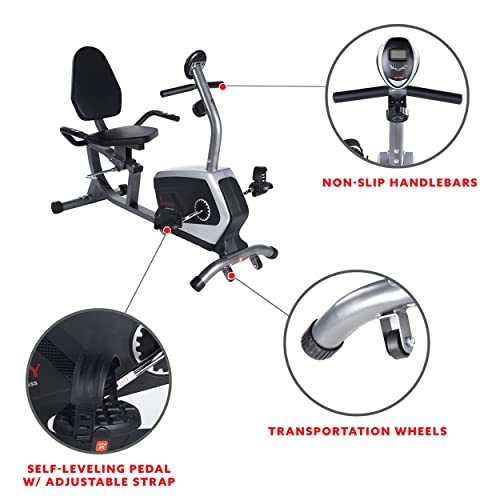 Bicicleta de Ejercicios Bicicleta Reclinada Magnética Sunny Health & Fitness, Capacidad de 135 kgs, Asiento de Ajuste Fácil, Monitor, Monitor de Pulso Cardiaco, SF-RB4616, Gris