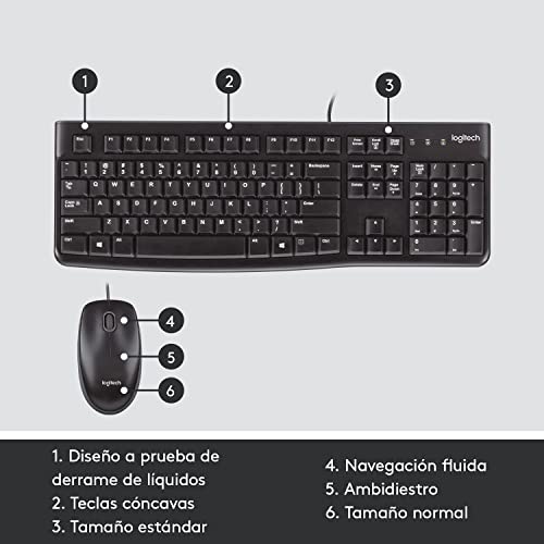 Logitech MK120 Combo Teclado y Mouse con Cable para Windows, Mouse óptico con Cable, Teclado Tamaño Normal, USB Plug-and-Play, Compatible con PC, Laptop - Negro
