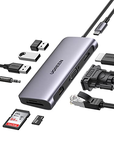 UGREEN Hub USB C, 10 en 1 USB C Hub Adaptador a HDMI 4K@30Hz, 1000Mbps Gigabit Ethernet, VGA, 3* USB 3.0, Lector Tarjeta SD TF, 3.5mm Audio Jack y 100W Power Delivery para Macbook Pro/Air, iPad Pro