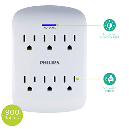 PHILIPS, Multicontacto de Pared de 6 Salidas con Supresor de Picos, 900 Julios, Protectores contra Sobretensiones, Certificacion ETL, Blanco, Paquete de 2, SPP3466WA/37