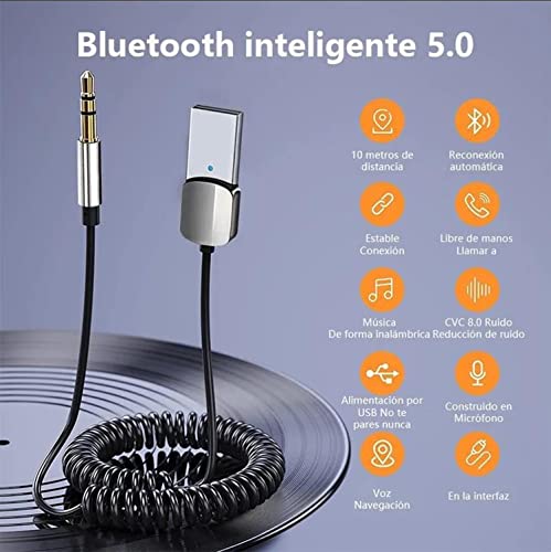 Adaptador Bluetooth Auto, Bluetooth 5.0 Adaptador para Coche, 3.5mm AUX y USB Receptor Bluetooth para Coche, Para Automóvil con Micrófono Incorporado y un cable elástico TPE premium de 0.3M-1.5M