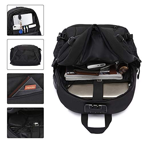 Mochila antirrobo, Unisex Mochila impermeable con puerto de carga USB Interfaz para auriculares y bloqueo con contraseña con la red de baloncesto, Mochila para Portátil de 12-15.6 Pulgadas(Negro)