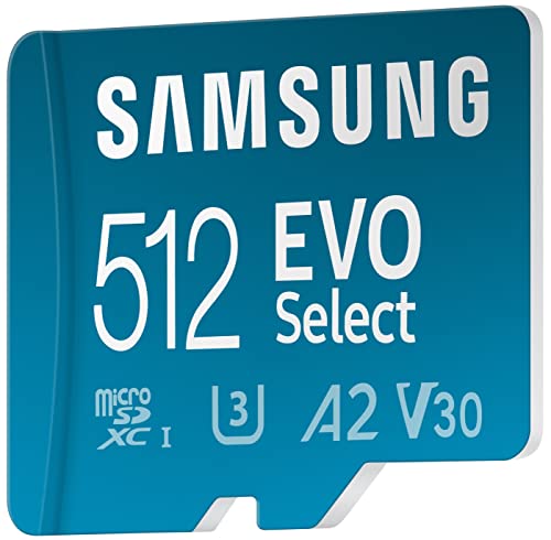 SAMSUNG EVO Select Micro SD Tarjeta de memoria + adaptador, 512 GB microSDXC 130 MB/s Full HD y 4K UHD, UHS-I, U3, A2, V30, almacenamiento ampliado para teléfonos inteligentes Android, tabletas, Nintendo-Switch (MB-ME512KA/AM)