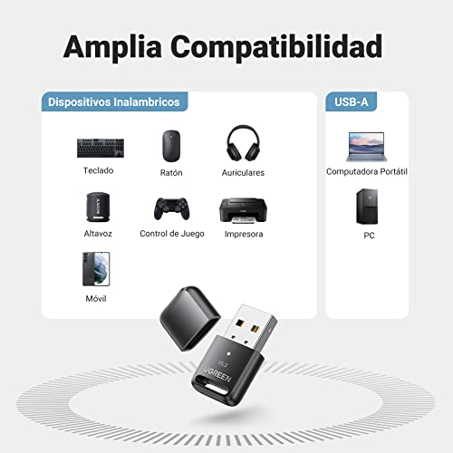 UGREEN USB Adaptador Bluetooth 5.3, Adaptador USB Bluetooth 5.3 para PC, Dongle Bluetooth Inalámbrico, Plug y Play para Windows 11/10/8.1 Auricular Ratón Teclado Impresora Altavoz Xbox PS5