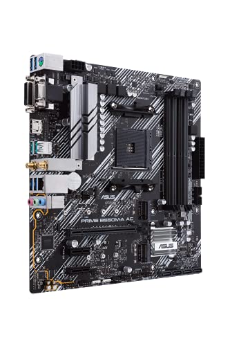 Asus Motherboard AMD B550, Prime B550M-A AC, AM4 mATX con PCIe 4.0, dual M.2, WiFi, HDMI, D-Sub, DVI, SATA 6 Gbps, puertos USB 3.2 Gen 2 e iluminación Aura Sync RGB