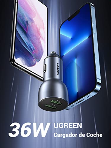 UGREEN Cargador de Coche USB, Adaptador Auto Carga Rápida Dual USB QC 3.0 de 36 W de Aluminio Compatible con iPhone 14/13/12/11/SE/XR/X/XS, Galaxy S23/S23 Ultra/S22/S21/S20/Note 20, Pixel 5/4/3 y Más