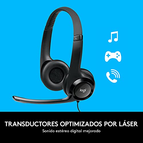 Logitech H390 Diadema con Cable, Sonido Estéreo y Micrófono USB con Supresión de Ruido, Controles Integrados en el Cable, PC/Mac/Laptop/Chromebook - Negro