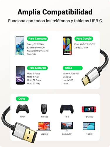 UGREEN Cable USB C 3.1, 2M Cable Tipo C a USB A 2.0 Carga Rapida, Nylon Trenzado Compatible con Dispositivos Cable C como Galaxy S22/S21/S20, MacBook, GoPro Hero, Xiaomi, Switch, One plus, Huawei, LG