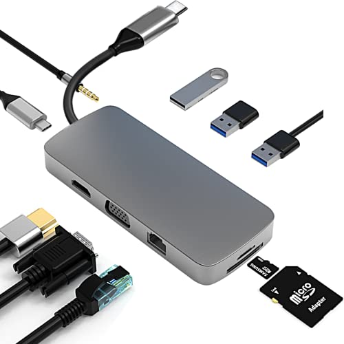 USB C HUB,10 en Adaptador USB C a HDMI 4K, con VGA, Puerto de Carga PD de 100W,USB y Gigabit Ethernet Puerto,Lector de Tarjetas