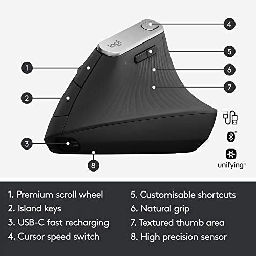 Logitech MX Vertical Mouse Inalámbrico Ergonómico, Multi-Ordenador, 2,4 GHz/Bluetooth con Receptor Unifying USB, Seguimiento Óptico 4000 DPI, 4 Botones, Carga Rápida, Portátil/PC/Mac/iPad OS - Negro
