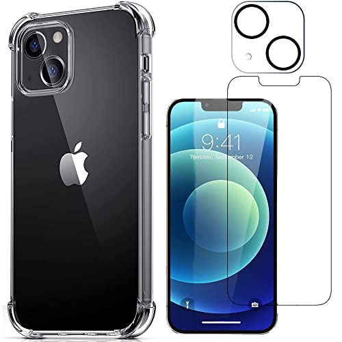 NDOOL Funda para iPhone 13 Case, 3 en 1 Cristal Templado Protector de Pantalla, Ultra Fina Silicona Transparente TPU Carcasa con Protector del Camara, Anti-Choque y Anti-arañazos
