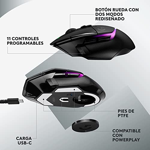 Logitech G502 X Plus Lightspeed Mouse Óptico Inalámbrico RGB para Gaming - Interruptores híbridos LIGHTFORCE, LIGHTSYNC RGB, Sensor Gaming Hero 25K, Compatible con PC - macOS/Windows - Negro