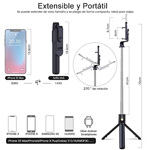EMAGIE Tripie para Celular Selfie Stick Bluetooth Trípode para Móvil de 360°Rotación Extensible Palo Selfie con Control Remoto para Android iOS GoPro y Otros Celulares Inteligentes