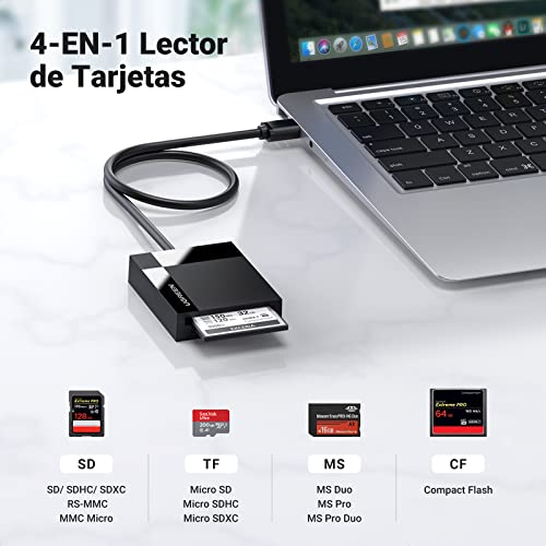 UGREEN 4 en 1 USB 3.0 Lector de Tarjeta de Memoria Múltiple 5Gbps Velocidad, Soporta Tarjetas de Memoria TF SD SDXC SDHC MMC CFI CFII Ultra II CF Extreme CF MS, Transmisión de Datos Entre Cuatro