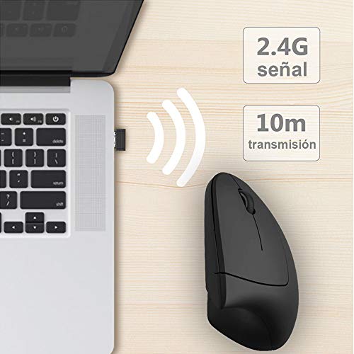Mouse Inalámbrico Ergonómico Recargable, Mouse Vertical Óptico de 2.4Ghz con 3 DPIs Ajustables, Diseño de 6 Botones con Receptor USB, Compatible con Sistema Windows y Mac