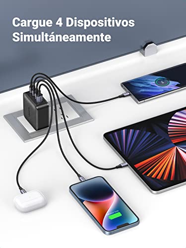 UGREEN 65W GAN Tech Cargador USB C PD y USB A de 4 Puertos, Carga Rápida Multicontacto Compatible con MacBook Pro/Air DELL XPS 13, iPad, iPhone 14 Pro Max/13 Pro Max/12, Galaxy S23/S22/S21, Pixel