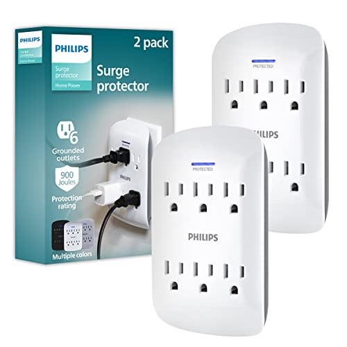 PHILIPS, Multicontacto de Pared de 6 Salidas con Supresor de Picos, 900 Julios, Protectores contra Sobretensiones, Certificacion ETL, Blanco, Paquete de 2, SPP3466WA/37
