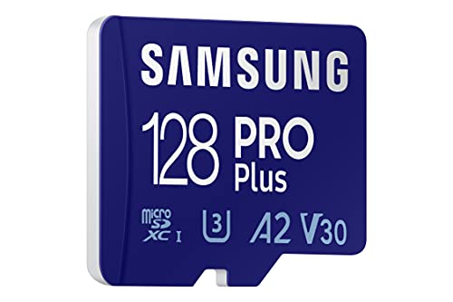 SAMSUNG Pro Plus + Adaptador microSDXC de 128 GB hasta 160 MB/s UHS-I, U3, A2, V30, Full HD y 4K UHD Tarjeta de Memoria