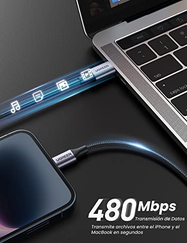 UGREEN Cable USB C a Lightning Nylon Trenzado MFi Certificado Compatible con iPhone 14/13/13 Pro/13 Pro Max/12/12 Pro/11/XS MAX/8 Plus, iPad Pro, Carga Rapida para iPhone con Cargador Tipo C (2M)