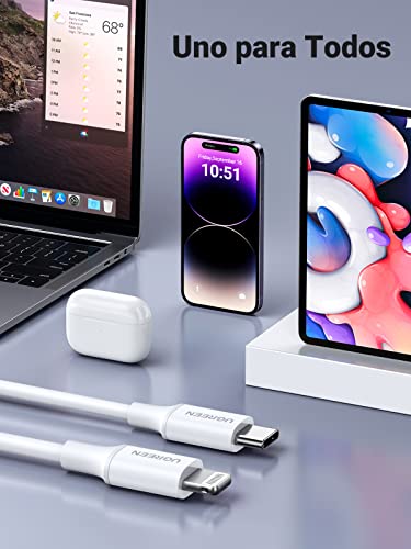UGREEN USB C a Lightning Cable MFI Certificado, PD Carga Rapida para iPhone SE 2020/11/11 Pro/X/XS/XS MAX/XR/8 Plus/8, iPad Air 3, iPad Mini 5, iPad Pro, Dispositivo iOS con Puerto Tipo C (Blanco, 1M)