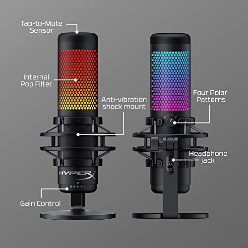 HyperX QuadCast S RGB - Micrófono Condensador USB para PC, PS4 y Mac, Montaje antivibración, Cuatro Patrones Polares, Filtro Pop, Control de Ganancia, Juegos, transmisión, podcasts (reacondicionado)