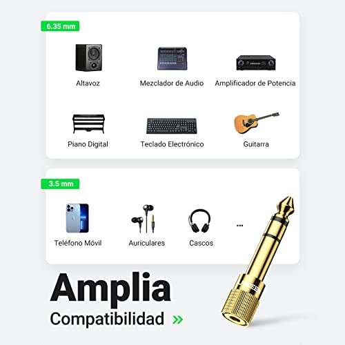 UGREEN Adaptador Jack 3.5 a 6.35, Convertidor de Audio Estéreo de Jack 3,5mm Hembra a Jack 6,35mm Macho, Compatible con Guitarra, Altavoces, Amplicador Estéreo, Mezclador de Audio, 2Pack