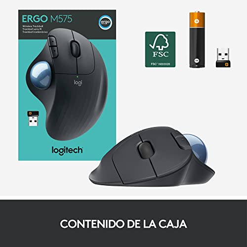 Logitech ERGO M575 Mouse Trackball Inalámbrico - Control sencillo con el pulgar, precisión y seguimiento suave, diseño ergonómico, para Windows, PC y Mac, con Bluetooth y USB - Negro