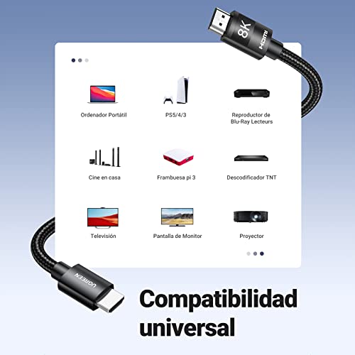 UGREEN Cable HDMI 2.1 8K, Alta Velocidad 48Gbps 120Hz 60Hz Nylon Trenzado Soporte Dynamic HDR eARC Dolby Atmos HDCP Compatible con PS5 PS4 Xbox TV Proyector de Blu-ray, 2M