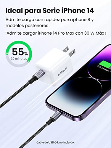 UGREEN 30W Mini Cargador USB C, GAN PD Cargador Rápido Portatil Compatible con iPhone 14 13 12 Pro MAX, Galaxy S23/S22/21, Pixel 7/7 Pr, iPad, MacBook Air