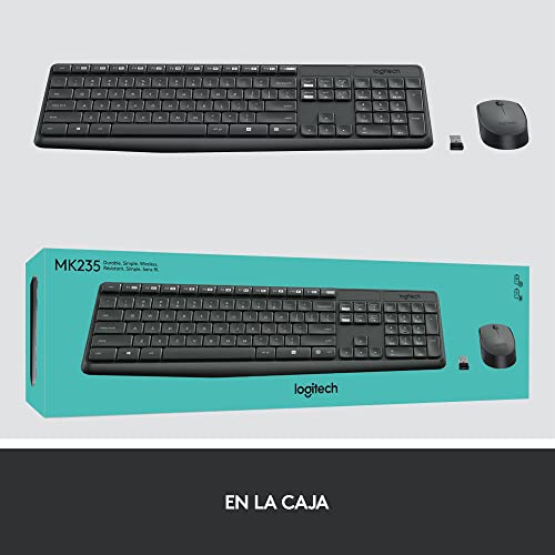 Logitech MK235 Combo Teclado y Mouse Inalámbricos para Windows, Conexión 2.4 GHz con Receptor USB Unifying, 15 Teclas F, Batería Larga Duración, Compatible con PC, Laptop - Negro