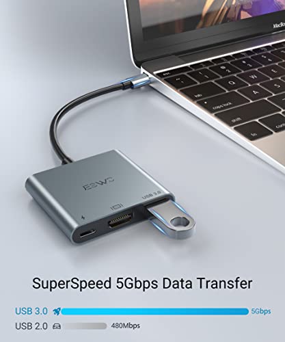JESWO Adaptador USB C a HDMI, 3 en 1 Adaptador Tipo C Multipuerto USB C Hub con Puerto de Salida HDMI 4K, Puerto USB 3.0 y Puerto de Carga PD, Compatible con MacBook Pro/MacBook Air/Mini/iMac