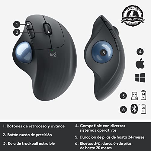 Logitech ERGO M575 Mouse Trackball Inalámbrico - Control sencillo con el pulgar, precisión y seguimiento suave, diseño ergonómico, para Windows, PC y Mac, con Bluetooth y USB - Negro