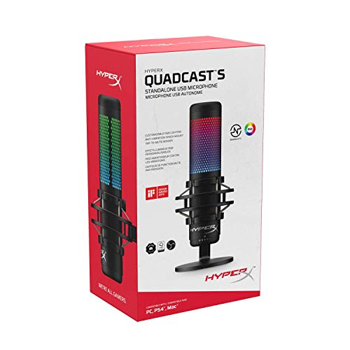 HyperX QuadCast S RGB - Micrófono Condensador USB para PC, PS4 y Mac, Montaje antivibración, Cuatro Patrones Polares, Filtro Pop, Control de Ganancia, Juegos, transmisión, podcasts (reacondicionado)