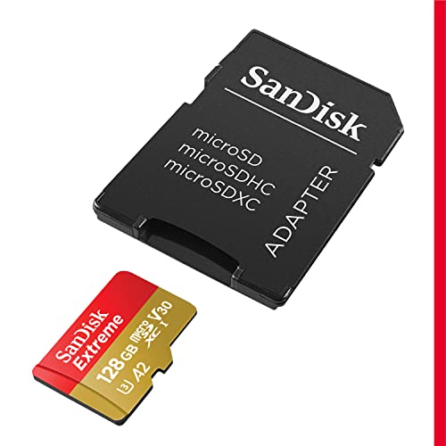 UiiWout SanDisk 128GB Extreme microSDXC UHS-I Memory Card with Adapter - C10, U3, V30, 4K, 5K, A2, Micro SD Card - SDSQXAA-128G-GN6MA