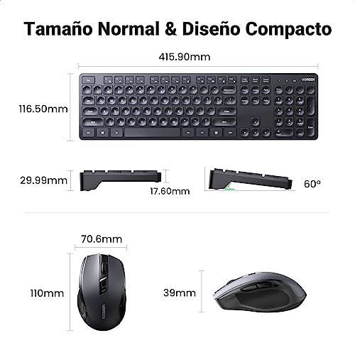 UGREEN Kit Teclado y Mouse Inalámbrico, Conexión Inalámbrica 2.4 GHz con Receptor USB Unifying, Mouse 5 Niveles dpi hasta 4000, Combo Teclado Compacto y Mouse Inalámbricos para Windows, macOS X10.8