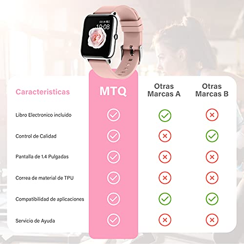 MTQ Smartwatch, Reloj Inteligente Mujer y Hombre, Pulsera Inteligente Pantalla Táctil Impermeable IP67, Reloj Deportivo con Monitor De Frecuencia Cardíaca, Monitor De Calorías, Podómetro,GPS, etc.
