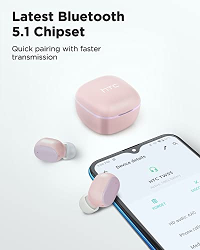 HTC Audifonos Inalambricos Bluetooth 5.3 Audífonos Inalámbricos Auriculares Wireless Earbuds con micrófono Incorporado Control Táctil con Graves Profundos para Llamadas, Oficina, Deporte (Rosa)