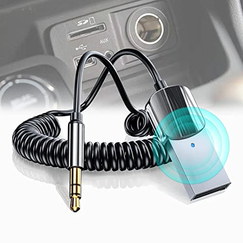 Adaptador Bluetooth Auto, Bluetooth 5.0 Adaptador para Coche, 3.5mm AUX y USB Receptor Bluetooth para Coche, Para Automóvil con Micrófono Incorporado y un cable elástico TPE premium de 0.3M-1.5M