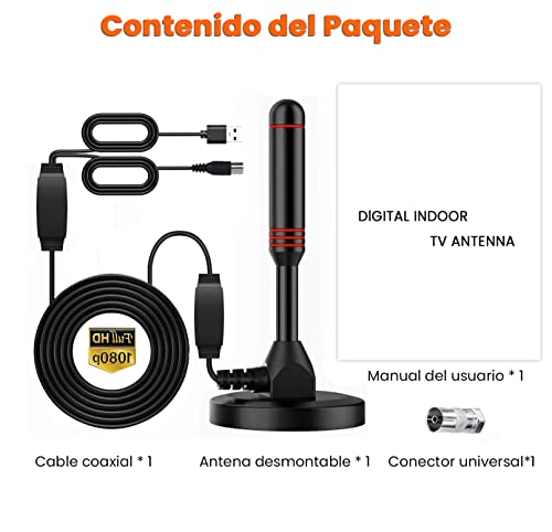 Antena de TV Digital - Antena de HDTV Interior con 2 Amplificador de señal Inteligente - Smart Antena de TV Digital para Interiores Canales de TV 1080P 4K Gratuitos - Cable Coaxial Premium de 16ft