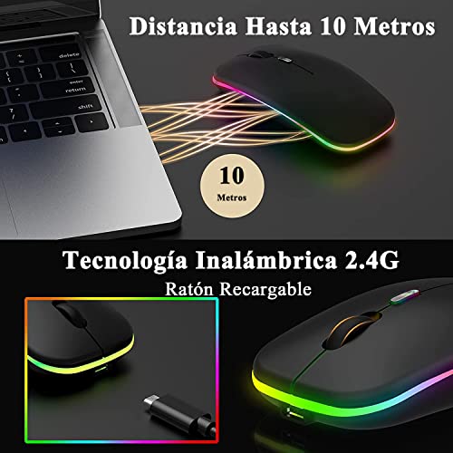 LED Mouse Inalámbrico Recargable, Fotgear Ratón Wireless 2.4G Ergonómico Wireless Ratón óptico Silencioso Click, con Receptor USB Adaptador, Ideal para Ordenadores portátiles, PCs, Otros Dispositivos Inteligentes
