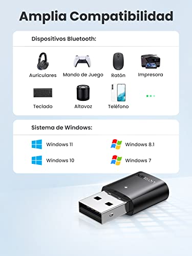 UGREEN USB Bluetooth 5.0, Adaptador Bluetooth para PC Portátil Windows 11/10/8.1/7, A2DP Dongle Bluetooth Compatible con Mando de PS5/PS4/Xbox Series X,Bluetooth Auricular Teclado Ratón Altavoz, Móvil