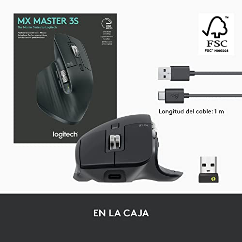 Logitech MX Master 3S - Mouse Inalámbrico de Desempeño, Scrolling Ultra-rápido, 8K dpi, Seguimiento sobre Vidrio, Clics Silenciosos, USB-C, Bluetooth, Windows, Linux, Chrome - Grafito