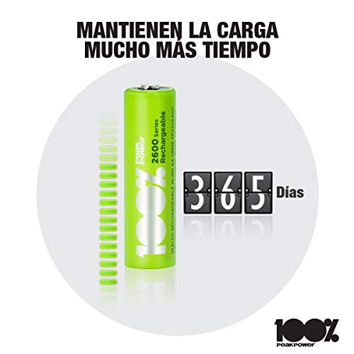 100%PeakPower Pilas AA Recargables 2600 mAh NiMH | Lote de 4 | Alto Rendimiento, Precargadas, Larga duración