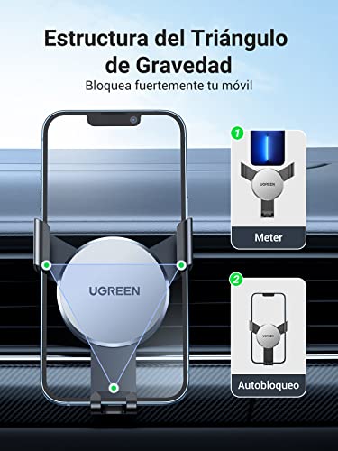 UGREEN Soporte Celular Auto por Gravedad para Ventilación, Porta Base Celular para Automóvil, Car Phone Holder Compatible con Celular de 4.7''-7'', como iPhone 14 13 12 Pro Max, Galaxy S23 Ultra, S23, S22 Ultra, Redmi, Gris