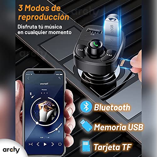 Archy Receptor Transmisor Bluetooth para Carro FM 3.1A Coche Auto Manos Libres Radio Reproductor Música MP3 Entrada USB Memoria Micro SD (BTX8)