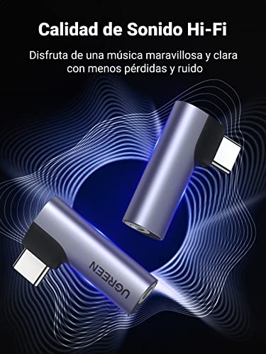 UGREEN Adaptador USB C a Jack 3.5mm DAC Chip, Adaptador Auriculares Tipo C 90 Grados Compatible con Galaxy S23/S22/S21/S20/S10/Note 20/Note 10, iPad Pro 2021, Oneplus 8, Xiaomi(Gris)
