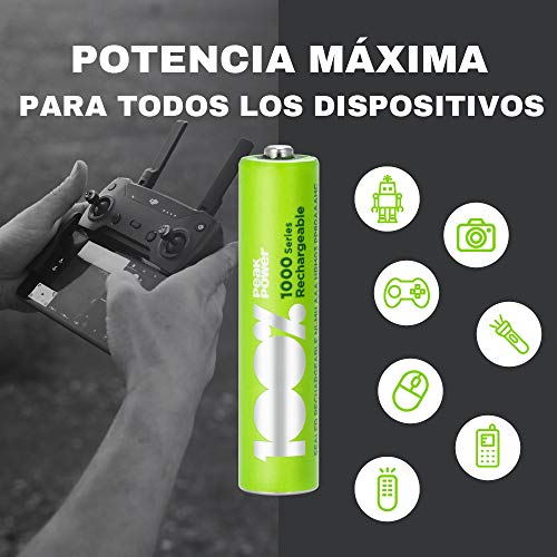 100%PeakPower 4 x Pilas Recargables AAA 1000 Series | Capacidad mínima Garantizada 800 mAh NiMH | Pilas AAA Recargables Que Vienen precargadas Listas para Usar | Bajo Nivel de autodescarga