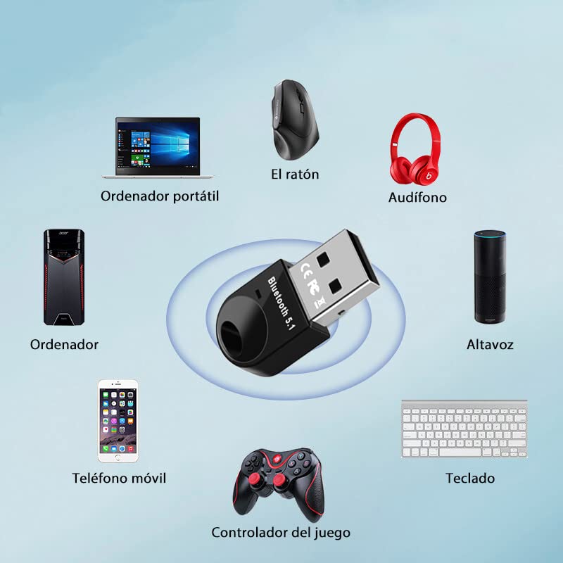 Adaptador Bluetooth USB 5.3, Adaptador Bluetooth PC Bluetooth USB Dongle  Transmisor y Receptor para Ordenador, Portatil, Ratón, Teclado, Altavoz,  Compatible con Windows 8.1/10/11 : : Informática