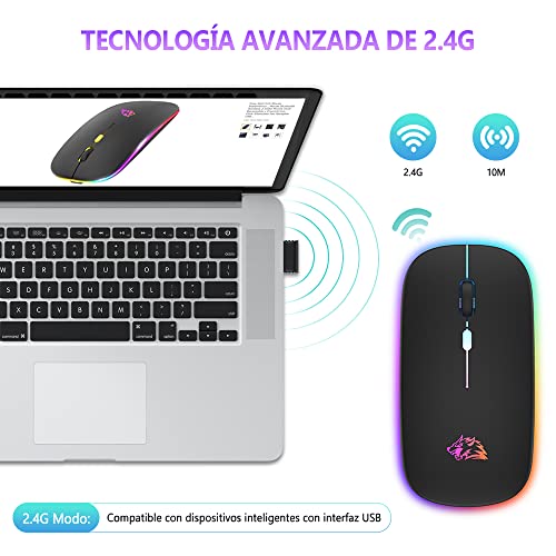 Free wolf X15 Mouse Inalámbrico , Wireless óptico Recargable 2.4 G Ergonómico Silencioso Click con Receptor USB 3(800/1200/1600) Ajustable dpi Ratón para Computadora,Portátil,PC,Mac (Negro Mate)