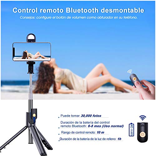 EMAGIE Tripie para Celular Selfie Stick Bluetooth Trípode para Móvil de 360°Rotación Extensible Palo Selfie con Control Remoto para Android iOS GoPro y Otros Celulares Inteligentes